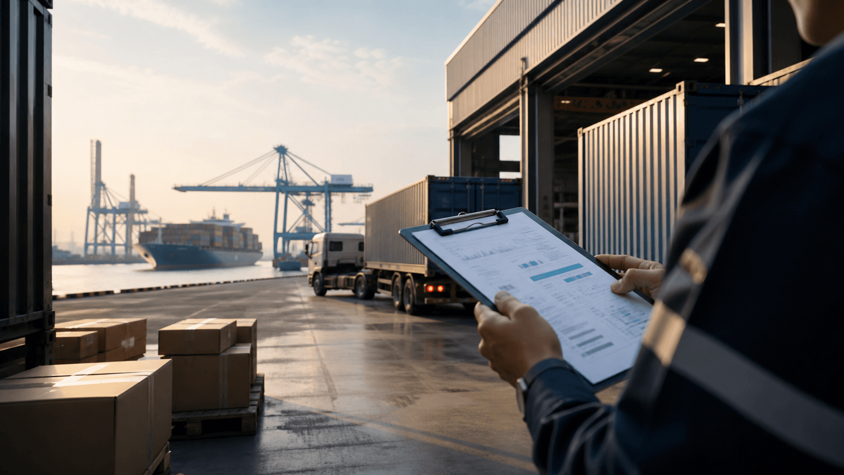 Cargo paperwork being reviewed beside an active port and warehouse