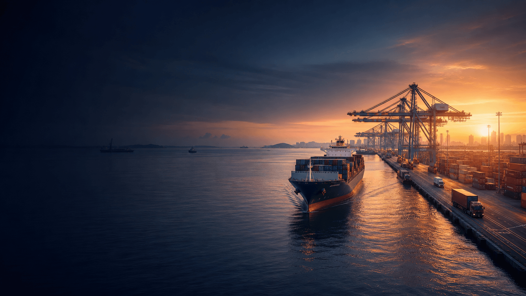 Container vessel approaching a working port at dusk